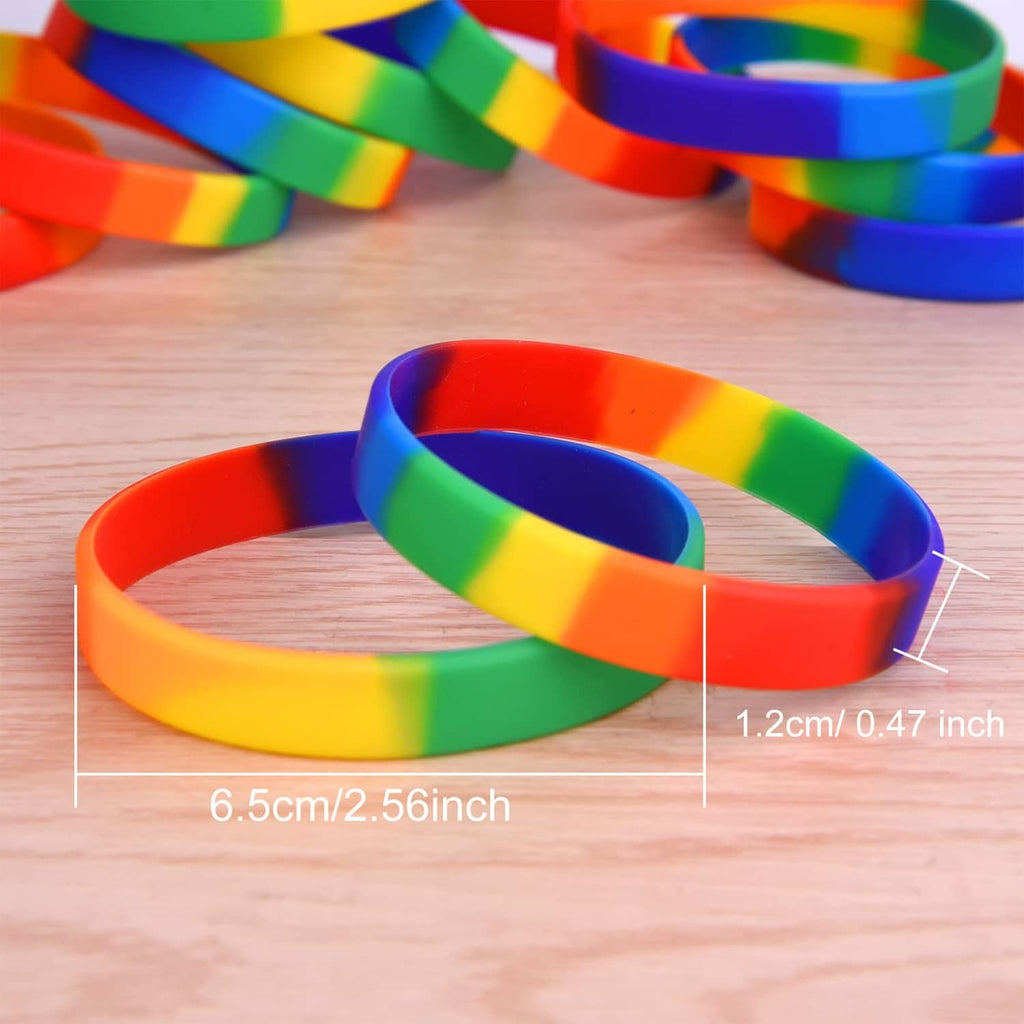 Close-up of rainbow striped wristbands, showing wide band profile