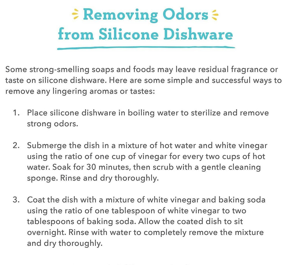 Silicone dishware odor-removal instructions with numbered cleaning steps