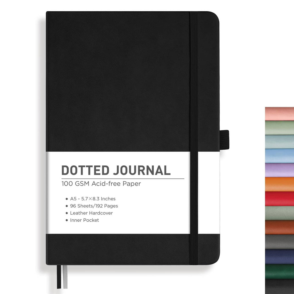 Black A5 bullet dotted journal notebook with elastic closure band and ribbon bookmarks