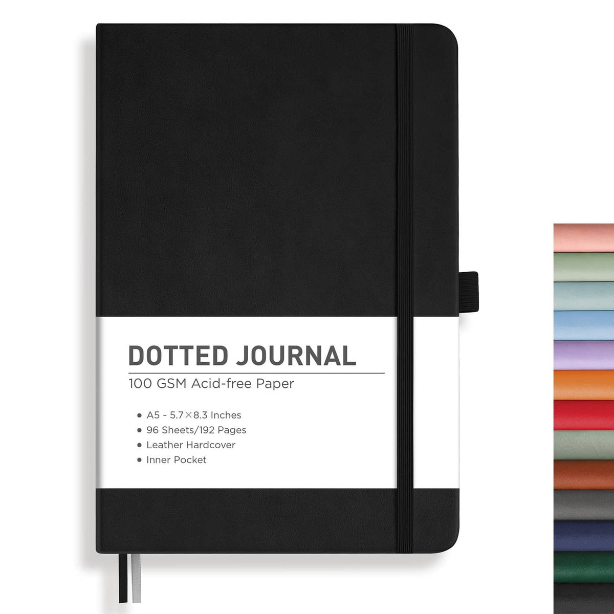 Black A5 bullet dotted journal notebook with elastic closure band and ribbon bookmarks