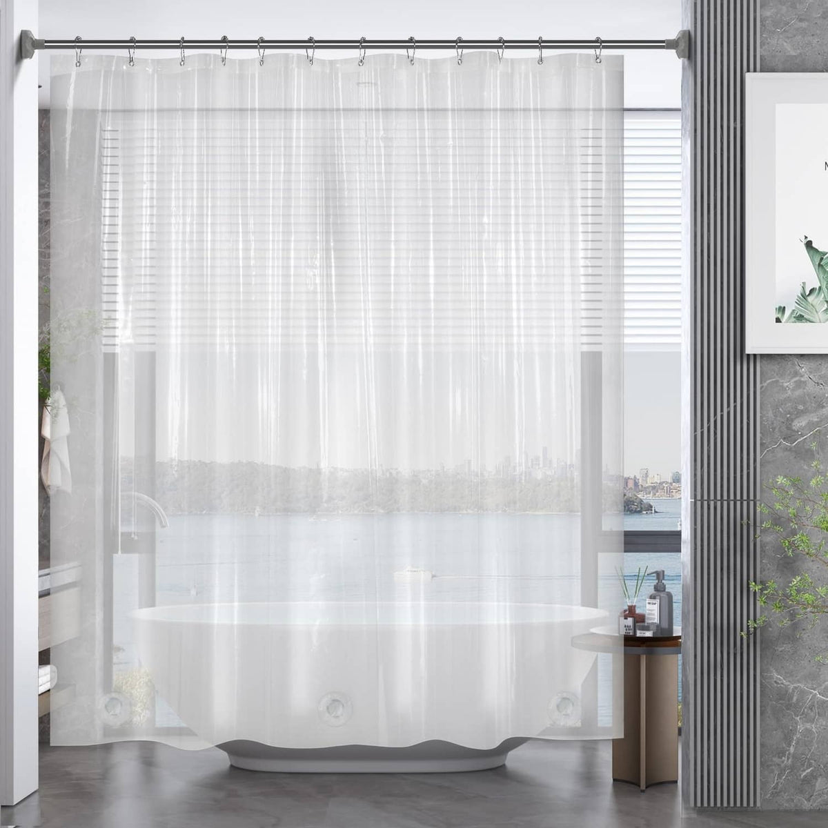 Clear plastic shower curtain liner for shower stall with metal grommets and hem