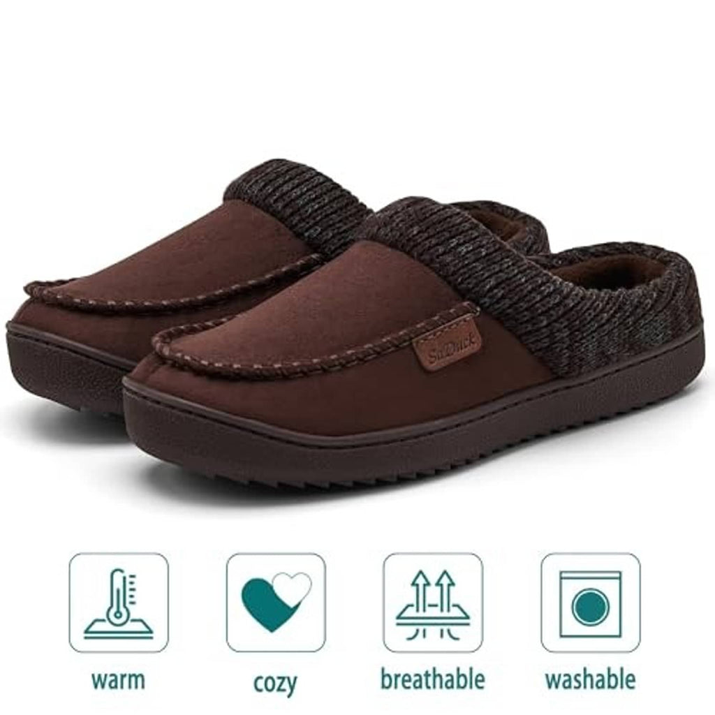 Brown slip-on moccasin slippers with dark knit instep and stitched moc seam