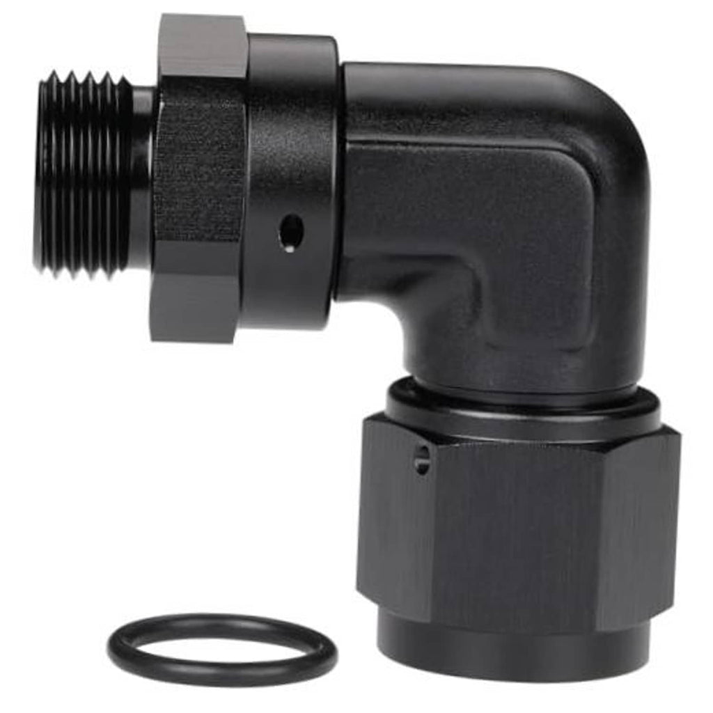 Black 90-degree AN flare swivel to male ORB fitting with O-ring, angled close-up