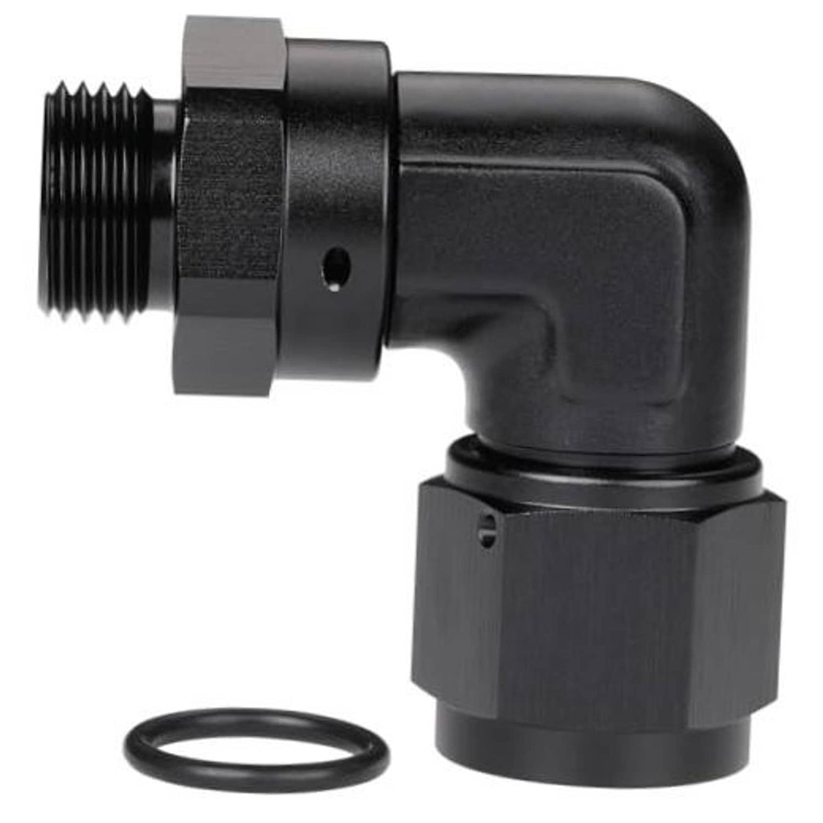 Black 90-degree AN flare swivel to male ORB fitting with O-ring, angled close-up