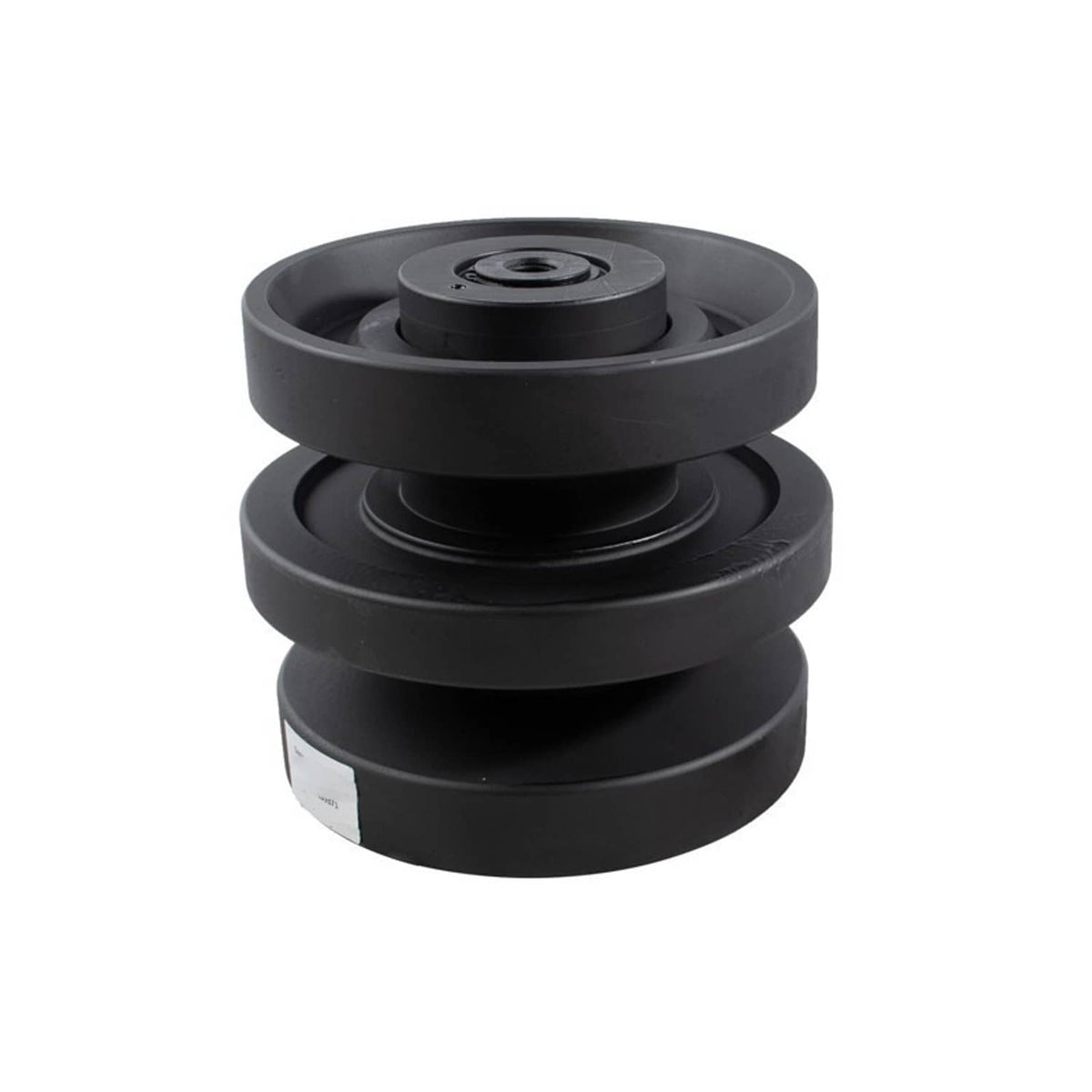 Stacked black bottom roller wheels with central mounting plate and bolt