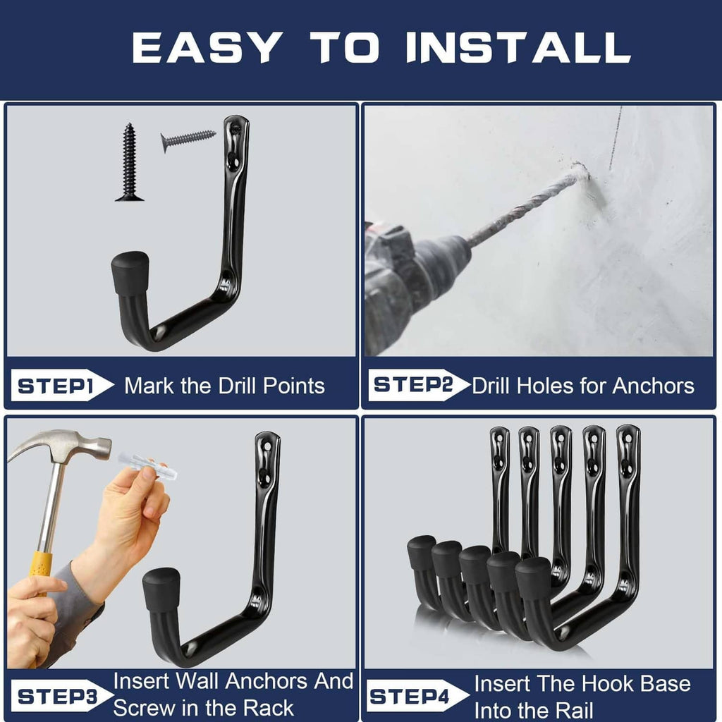 Black U-shaped garage hooks with rubber-wrapped tips shown with anchors and screws