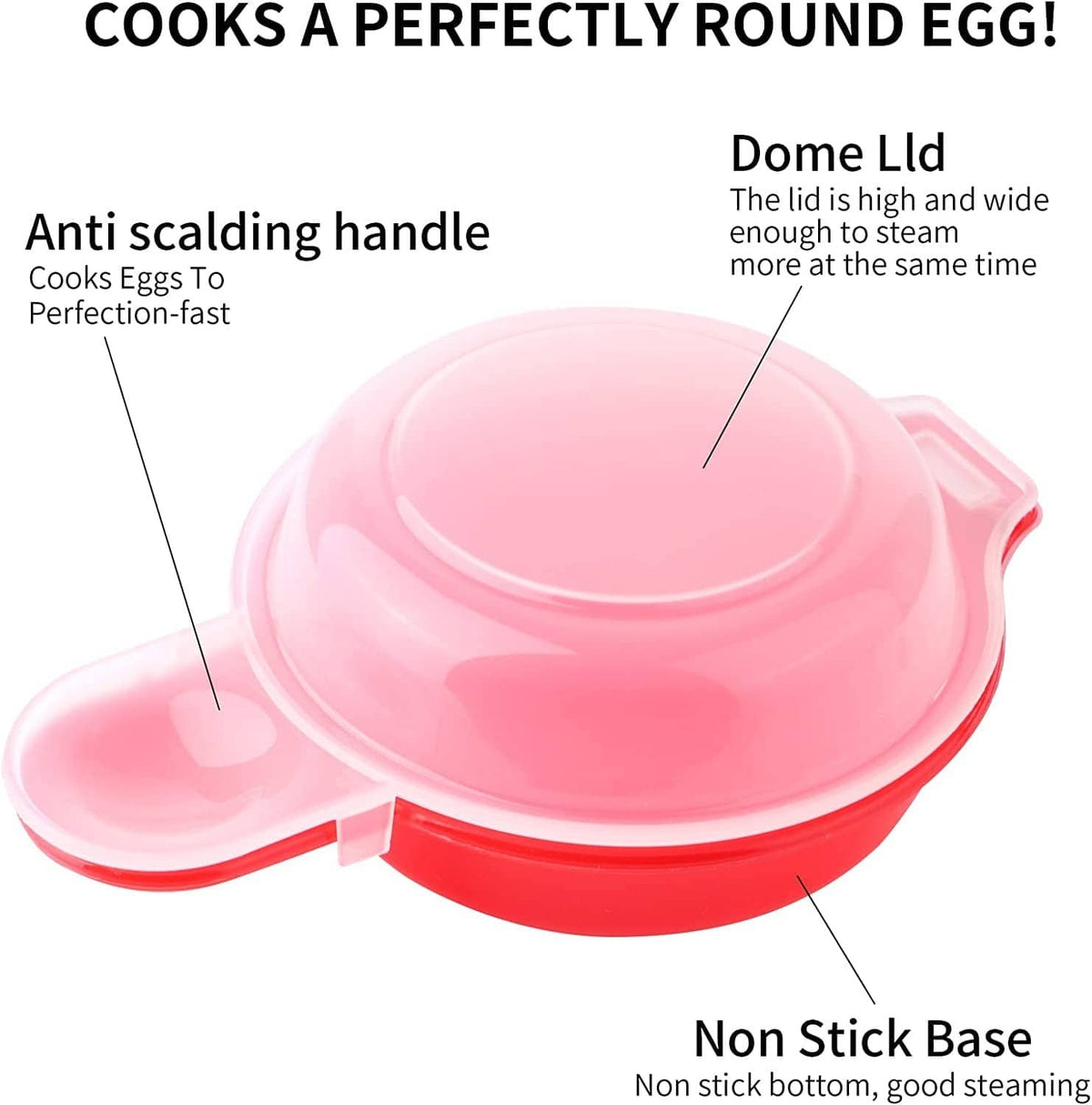 Pink dome-lid microwave egg maker on red nonstick base with side grip handles