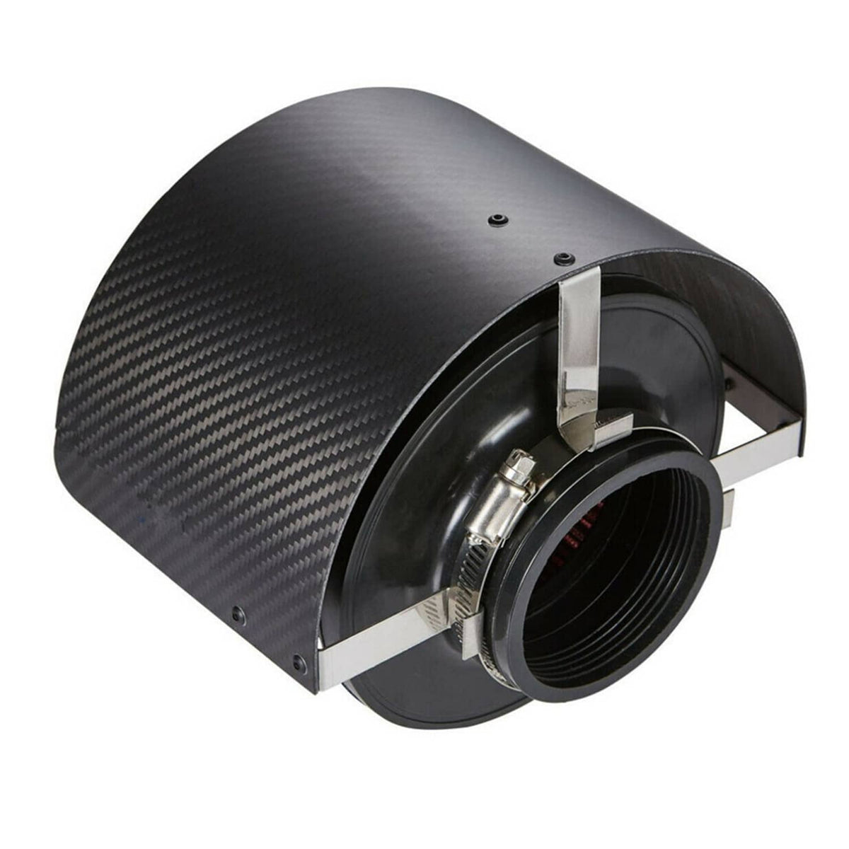 Carbon fiber style heat shield cover with metal brackets and circular intake opening