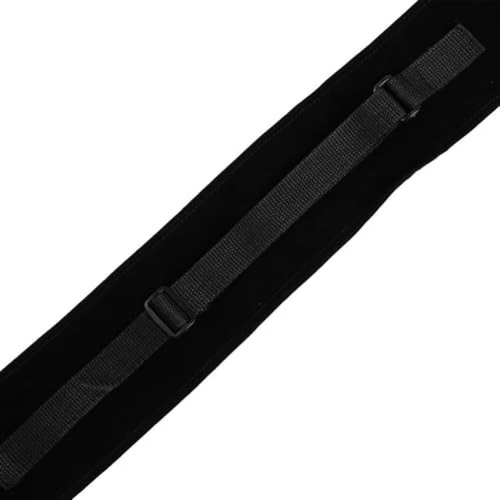 Close-up of black pool cue case strap with woven webbing and metal adjustment buckle
