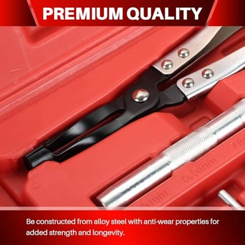 Metal valve stem seal remover pliers with jaws in red tool tray