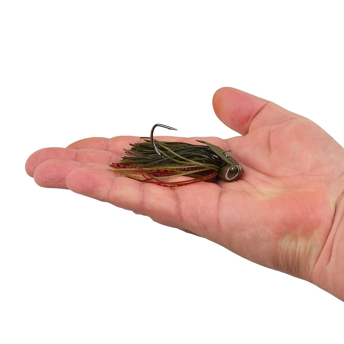 Fishing bladed jig shown in hand: olive skirt with red stripes and black hook
