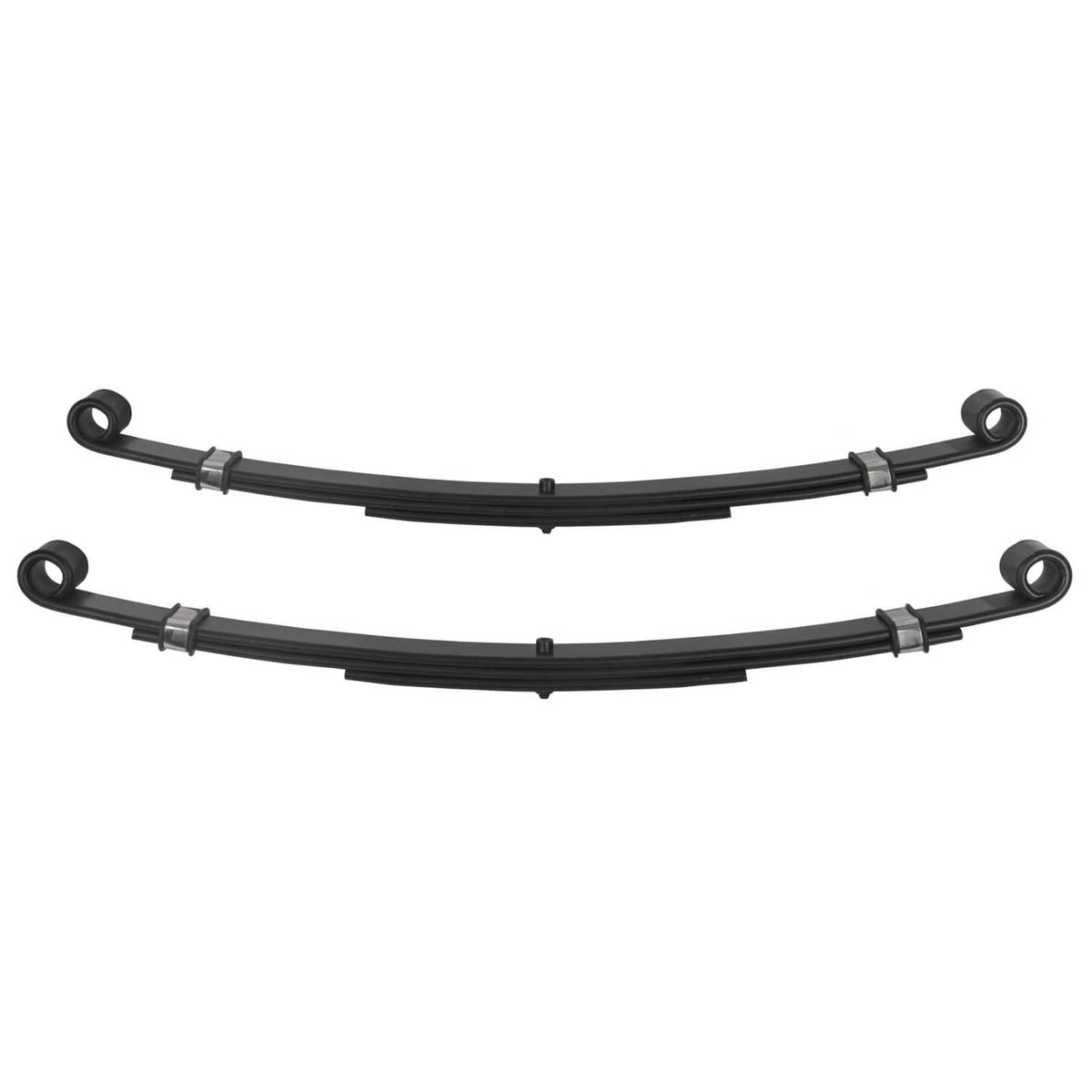 Black rear leaf springs with curved leaf packs and eyelet bushing mounts, set of 2