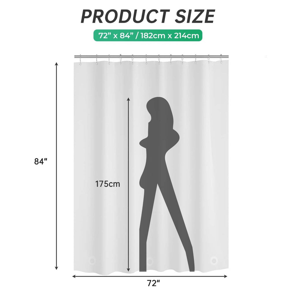 Shower curtain liner size graphic: 72 in wide x 84 in long