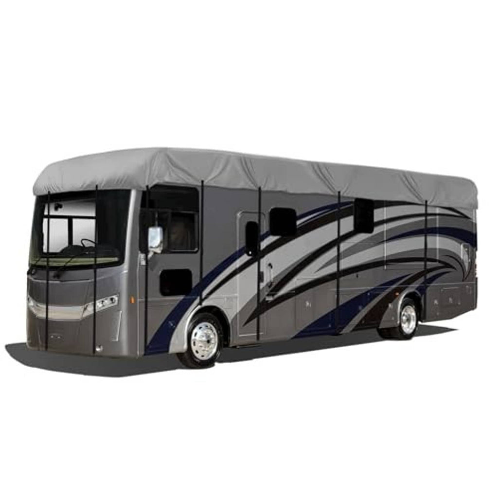 Gray RV caravan roof cover fitted on motorhome roof, with blue and black graphics