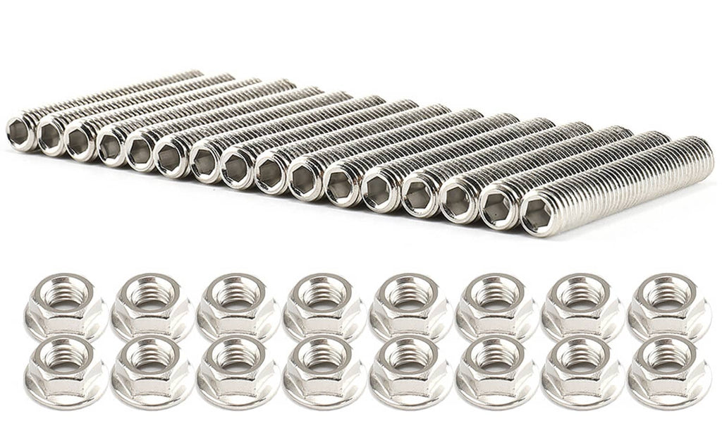 Stainless steel exhaust manifold studs and hex flange nuts, arranged with nuts in front