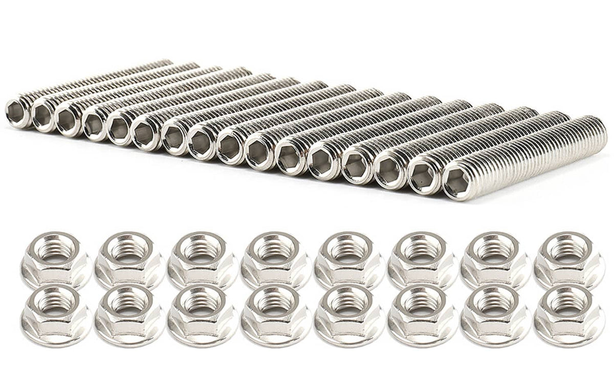 Stainless steel exhaust manifold studs and hex flange nuts, arranged with nuts in front