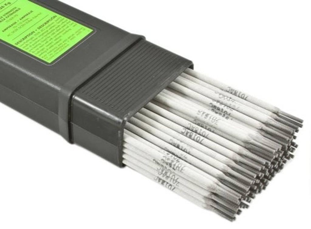 Bundled silver welding rods in gray holder with E7018AC label