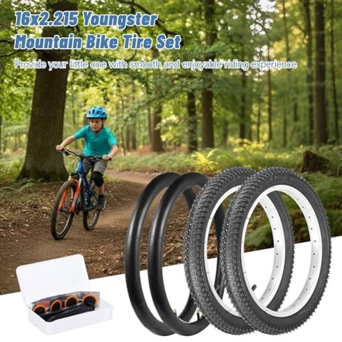 Set of black knobby bike tires and inner tubes shown together