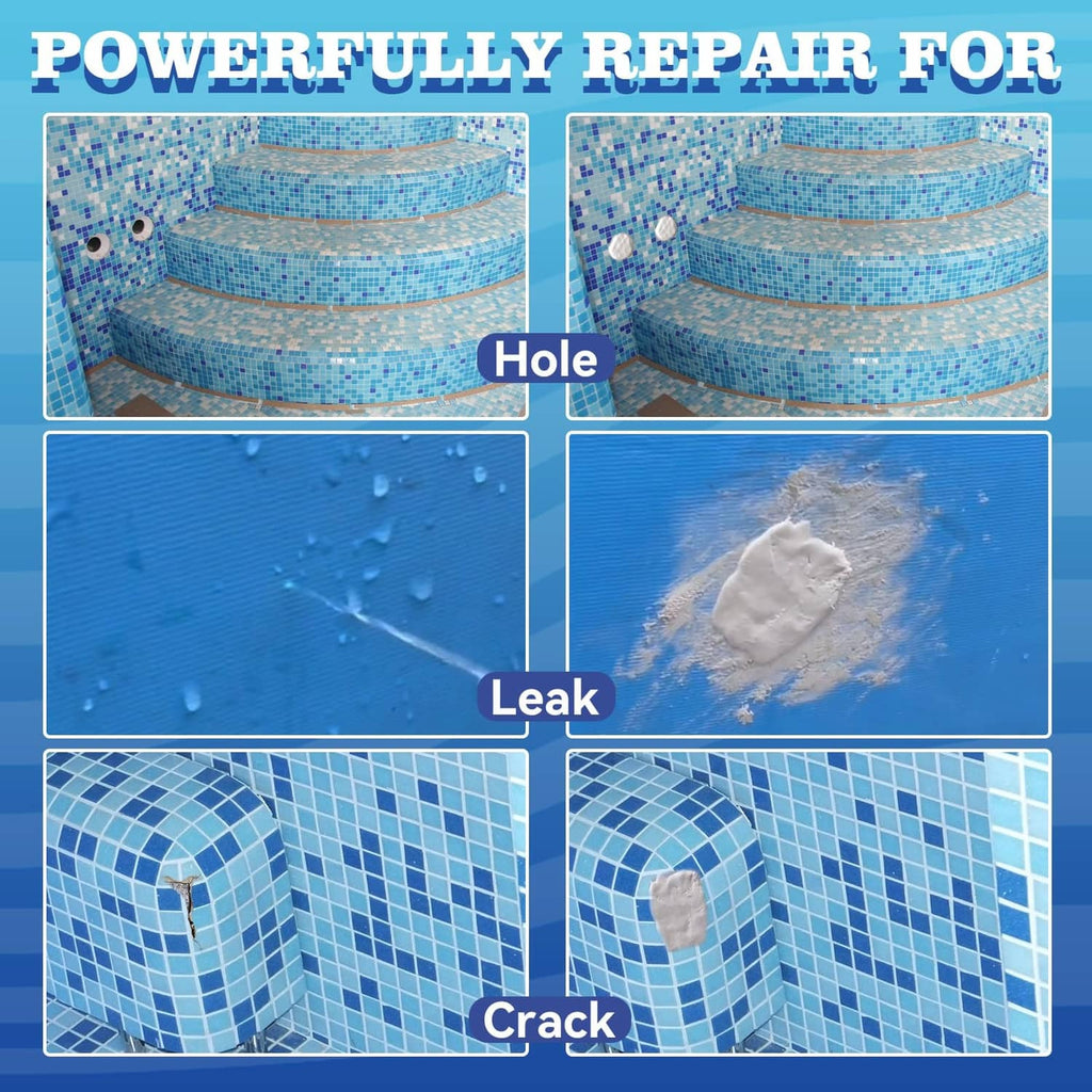 White pool leak repair epoxy putty blob on blue pool surface with leak and crack icons