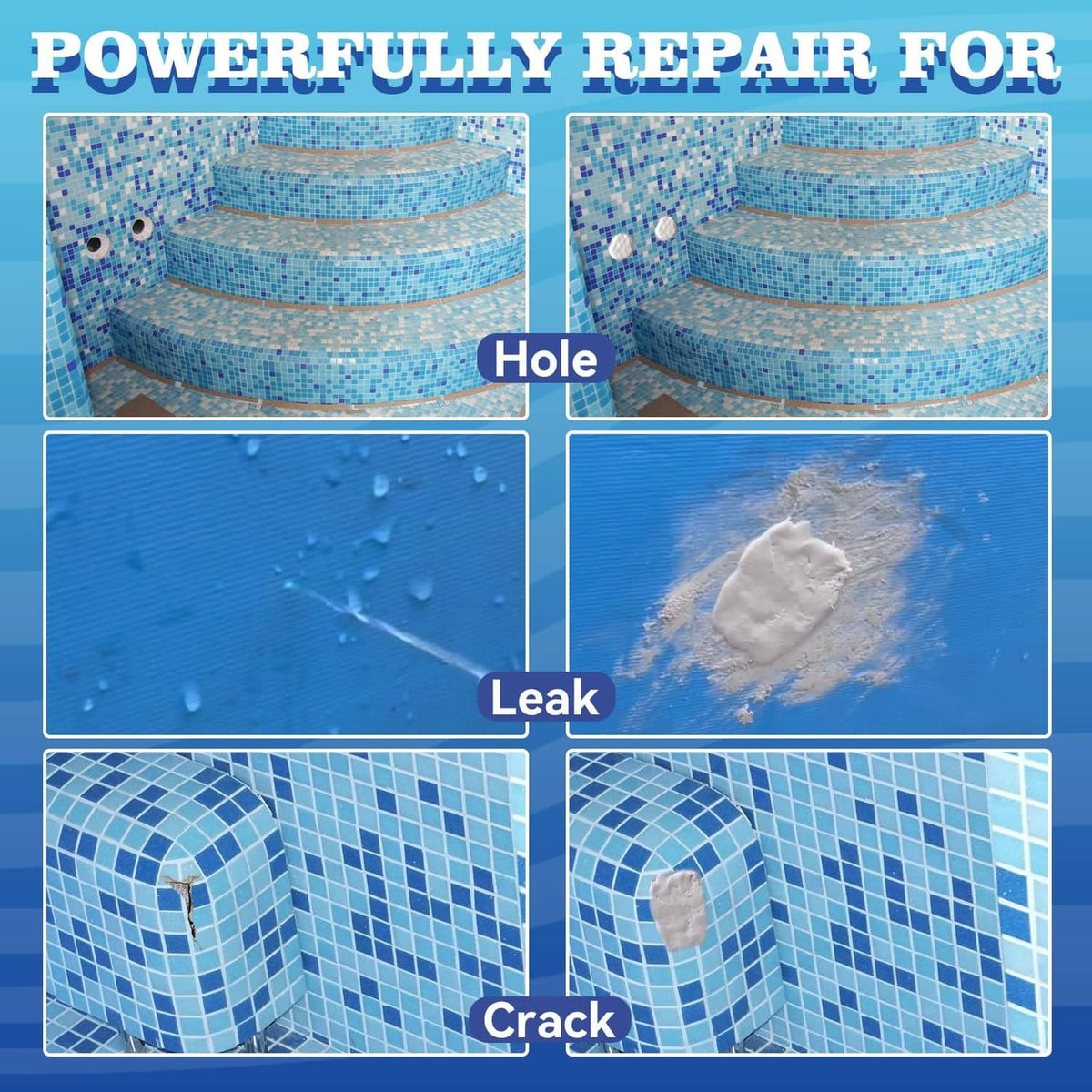 White pool leak repair epoxy putty blob on blue pool surface with leak and crack icons
