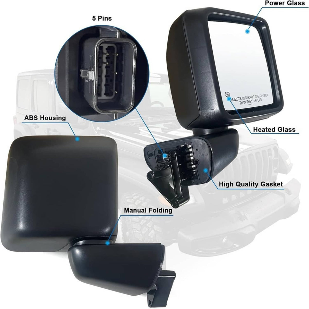 Black heated side mirror with manual folding arm and visible wiring connector housing