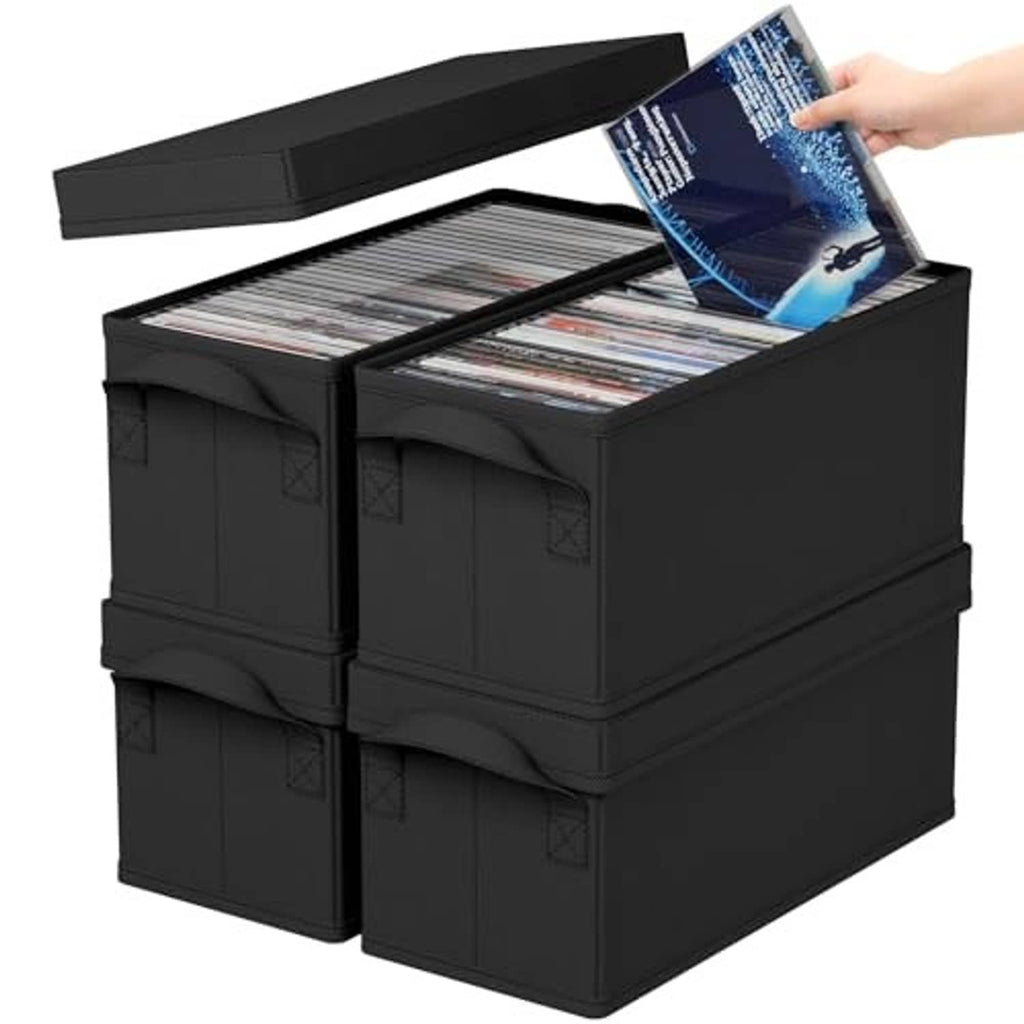 Black stackable CD storage box with lid open, CDs arranged in the tray