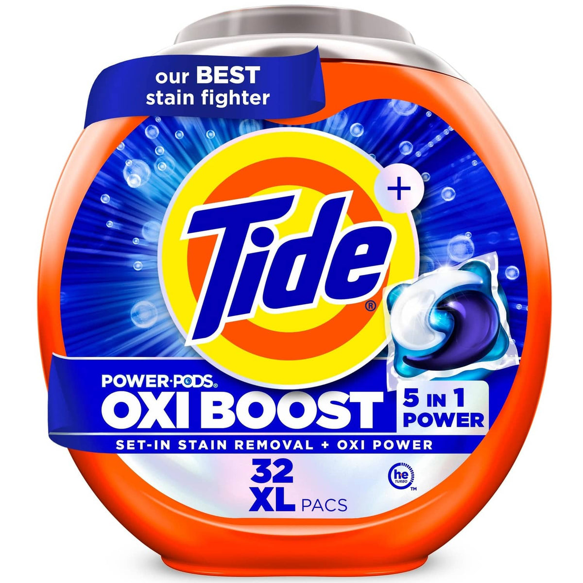 Tide Oxi Boost Power Pods detergent pac container, blue-and-orange 32 XL count