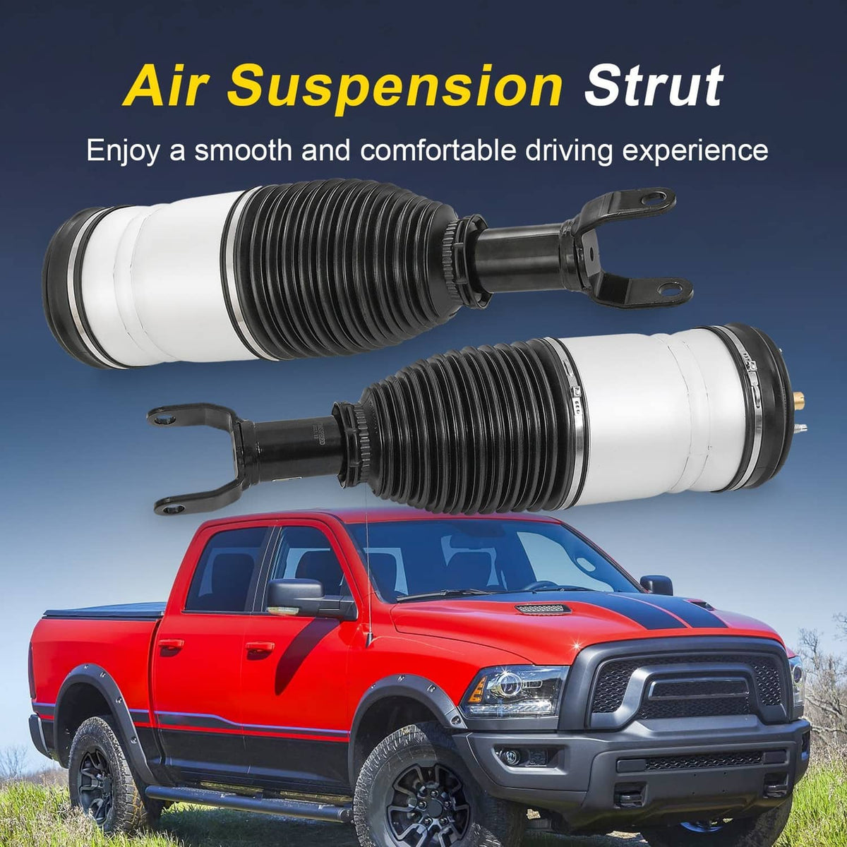Air suspension struts with black bellows and white cylinders, fork-style top mounts