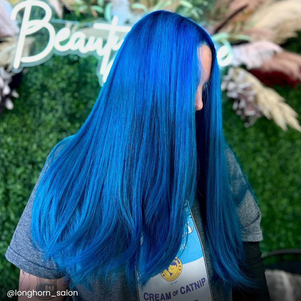 Long, straight hair dyed Poseidon blue from crown to ends, back view.