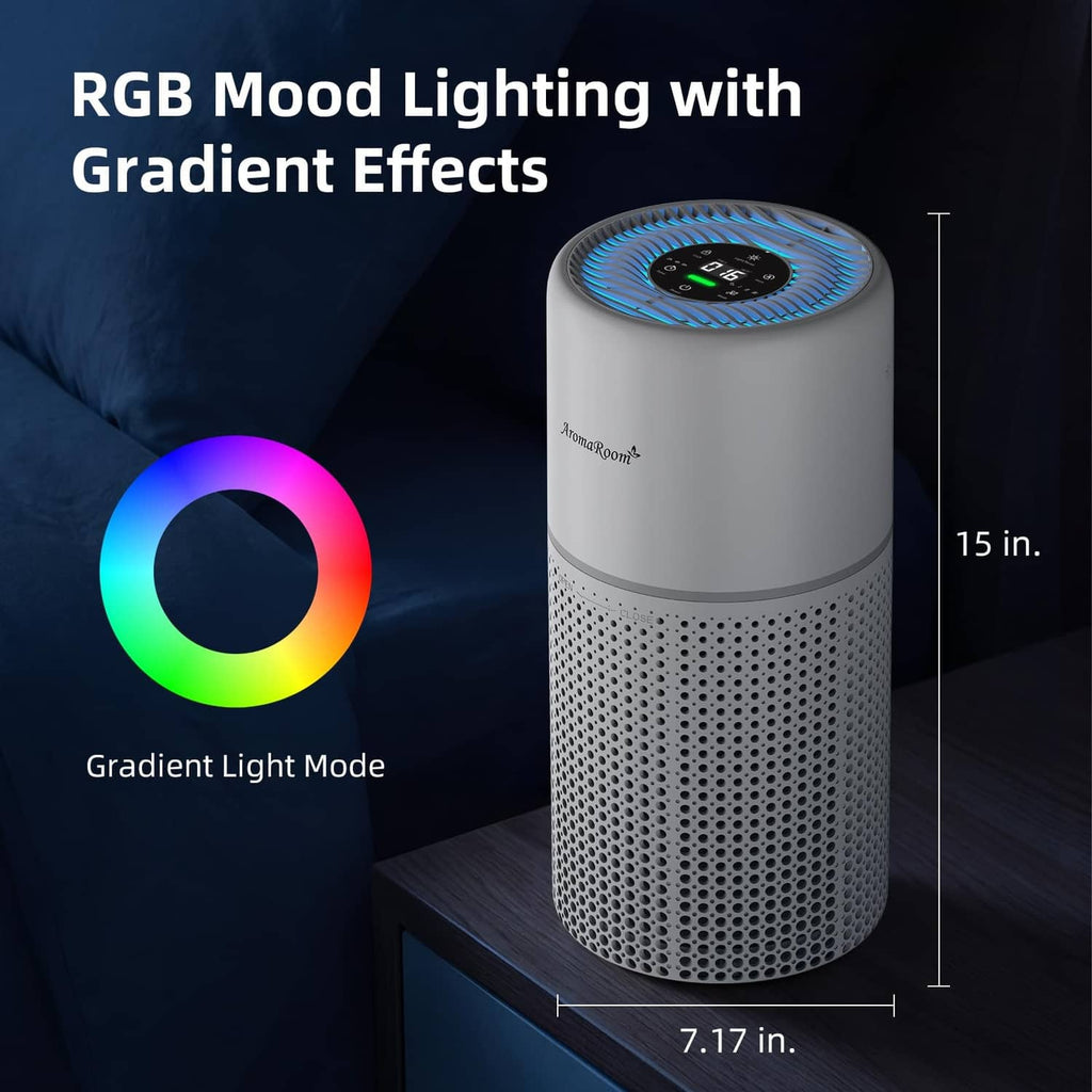 Grey cylindrical air purifier with glowing RGB mood light on circular top