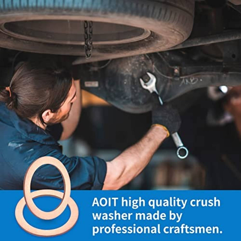 Copper crush washer gasket set shown near an undercar oil drain area