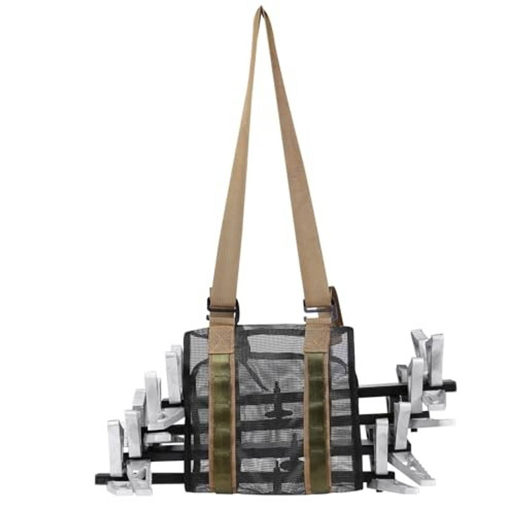 Universal climbing stick carrier with gray pouch, tan straps, and adjustable metal support