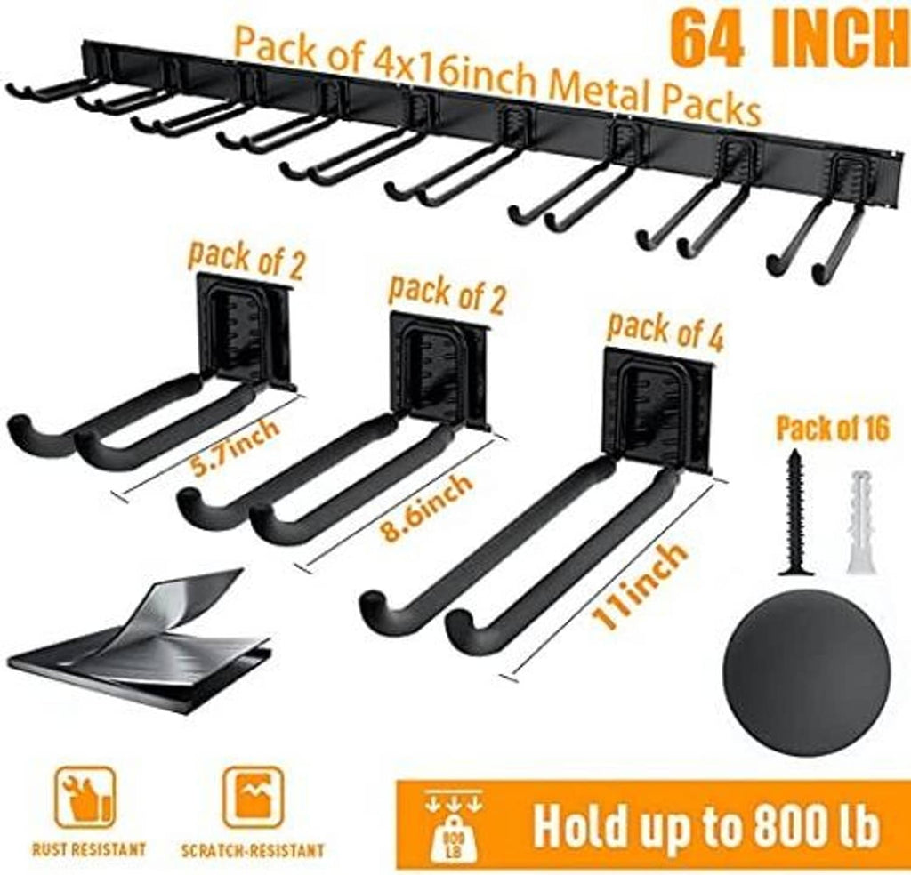 Black metal wall tool rack with multiple hook slots and mounting hardware diagram