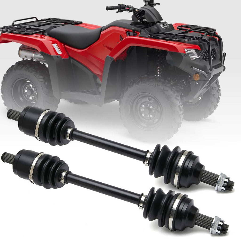 Two-piece CV axle drive shafts with black rubber boots and metal splined ends