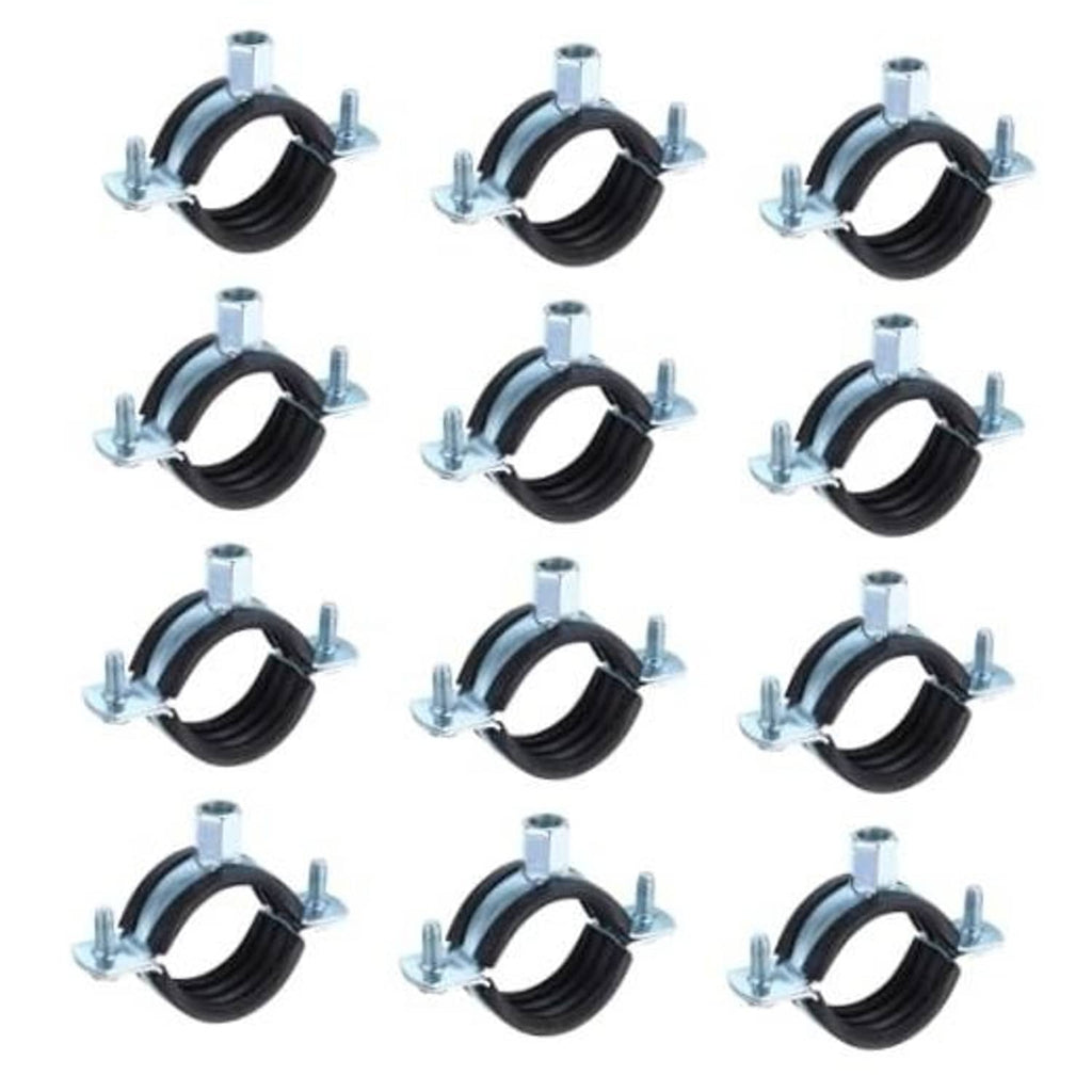 Set of black rubber split-ring pipe hangers with galvanized bolts, 12-pack