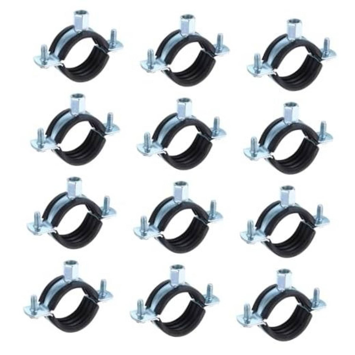 Set of black rubber split-ring pipe hangers with galvanized bolts, 12-pack