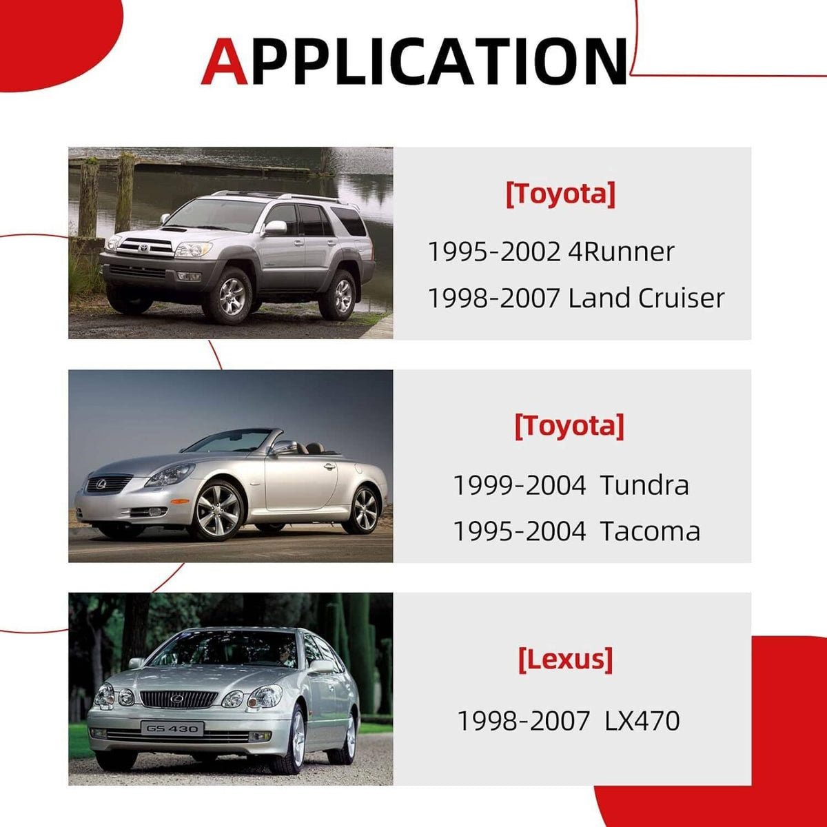 Brake pump motor application chart showing vehicle fitment details
