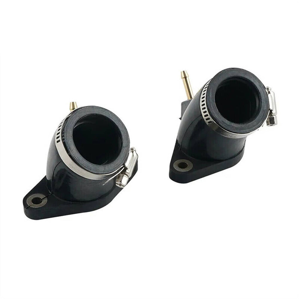 Two black rubber carb intake boots with mounting plates and small brass fittings