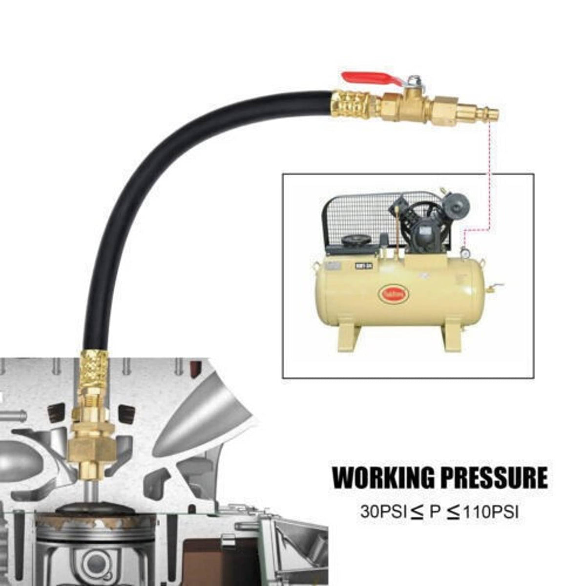 Air valve holding hose and brass fittings with valve spring compressor assembly