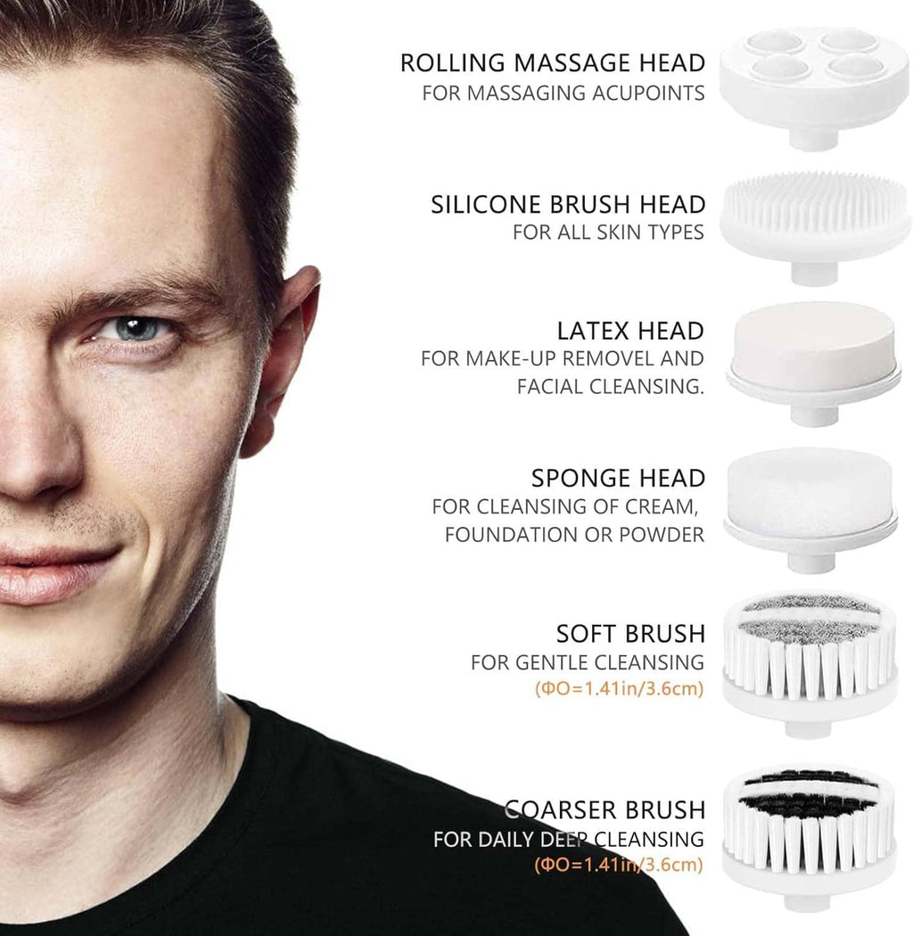 Facial cleansing brush with different attachment heads for silicone, latex, sponge, and brushes