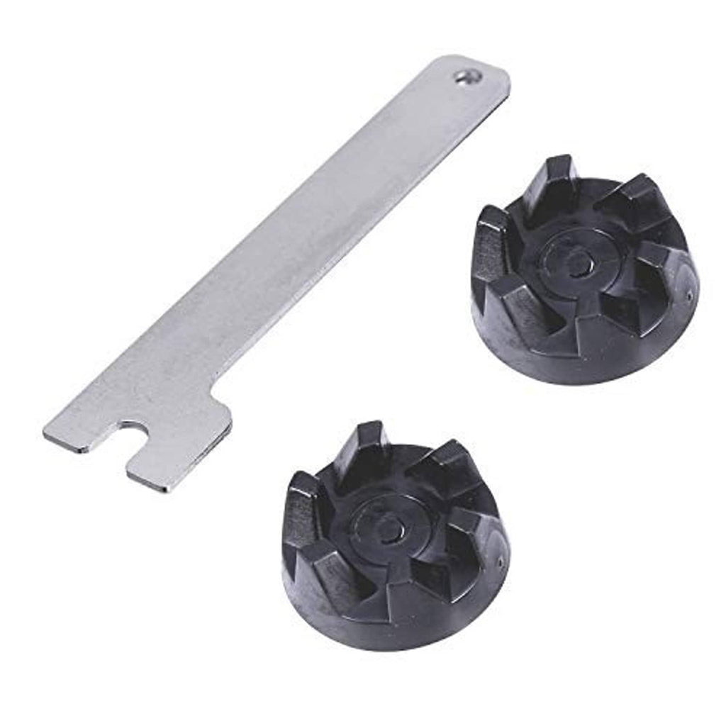 Drive coupling kit with metal spanner and two black star-shaped coupling parts