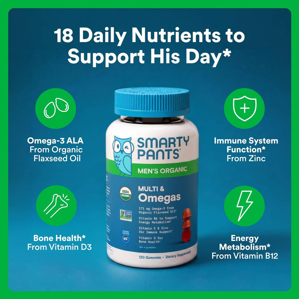 Men's organic multivitamin bottle shown on a daily nutrient benefits card