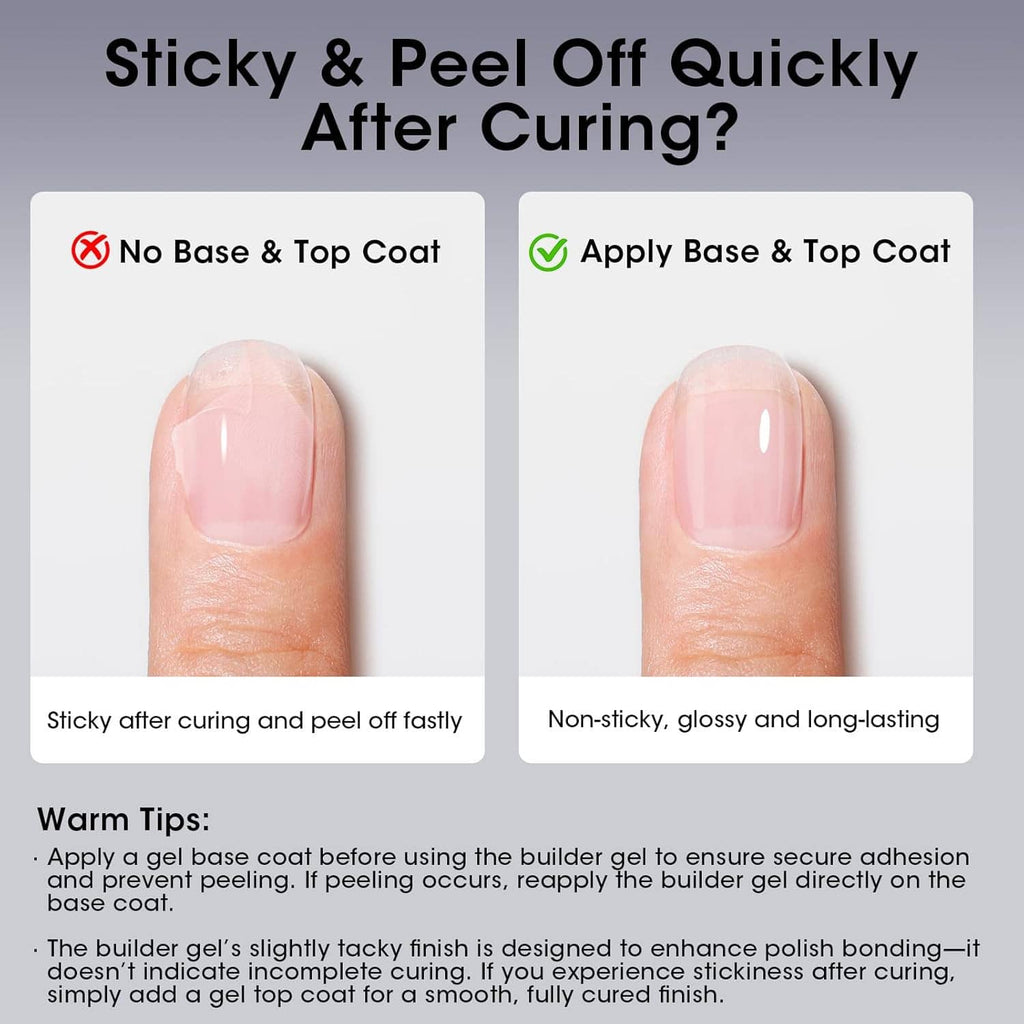 Builder gel on nails comparison, sticky peel-off vs non-sticky long-lasting finish