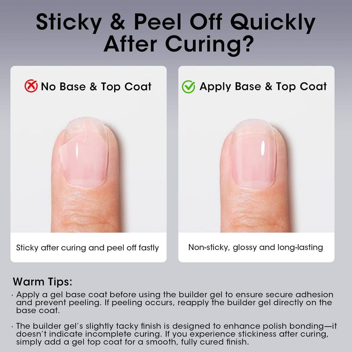 Builder gel on nails comparison, sticky peel-off vs non-sticky long-lasting finish