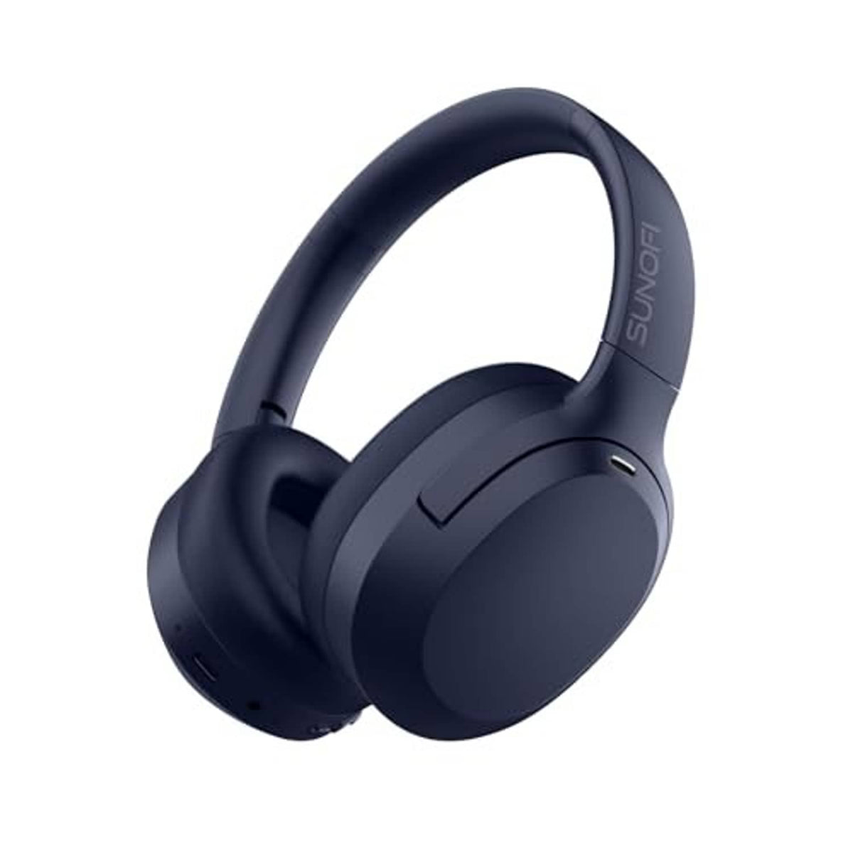 Dark blue over-ear wireless noise-cancelling headphones with padded headband and earcups