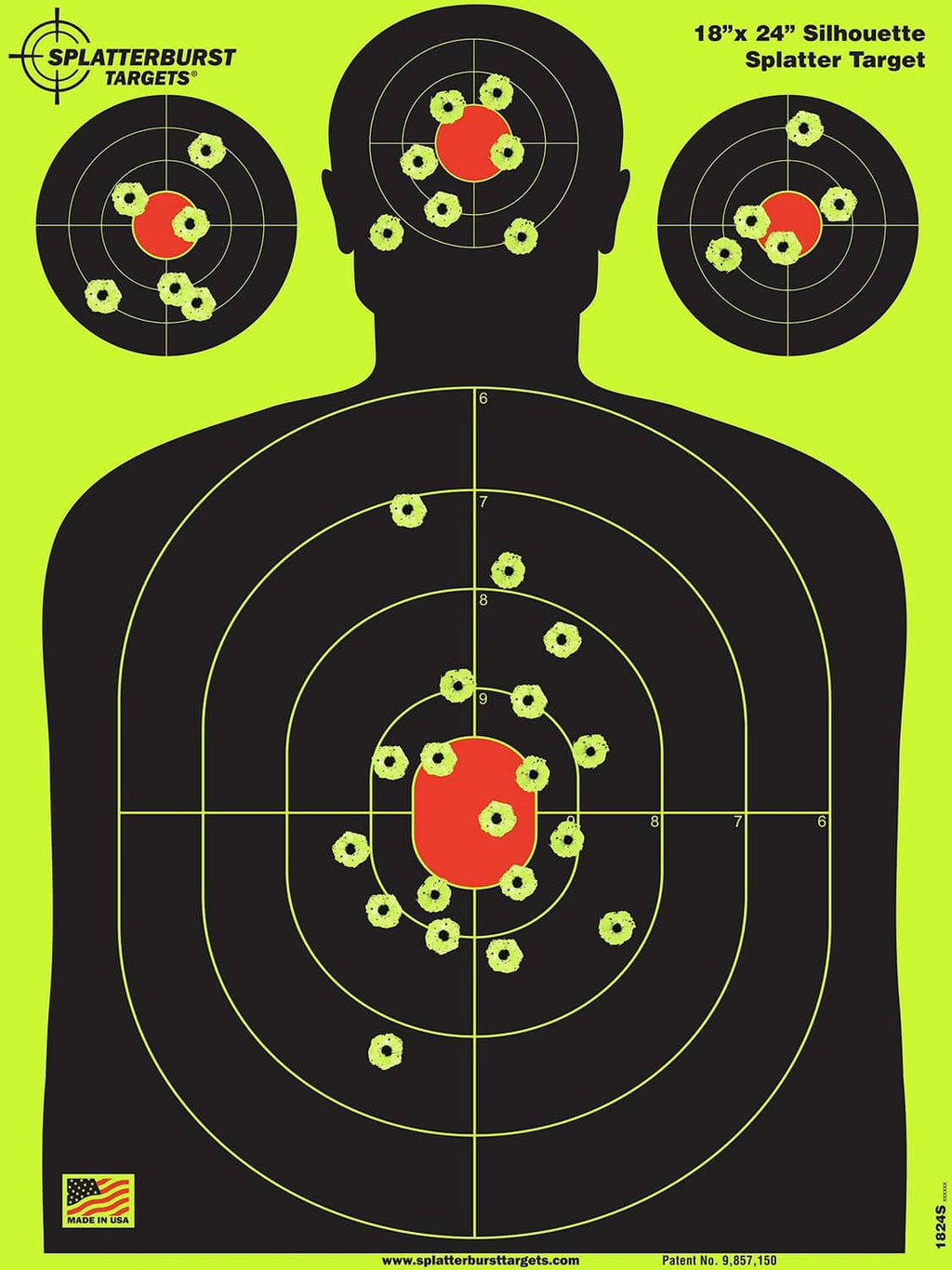 Silhouette splatter target sheet with head outline and concentric circle scoring rings