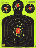 Silhouette splatter target sheet with head outline and concentric circle scoring rings