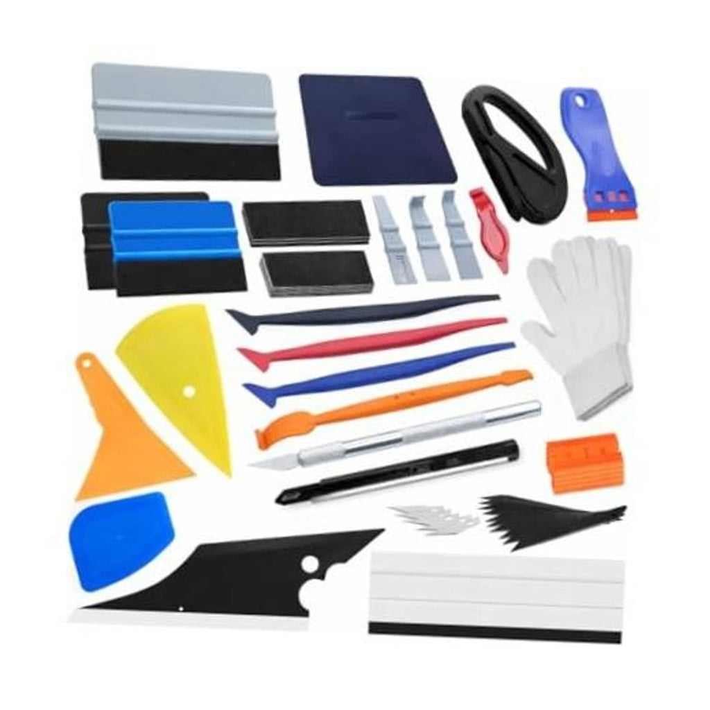 27-piece car vinyl wrap applicator tool kit with scrapers, squeegees, cards, and blades