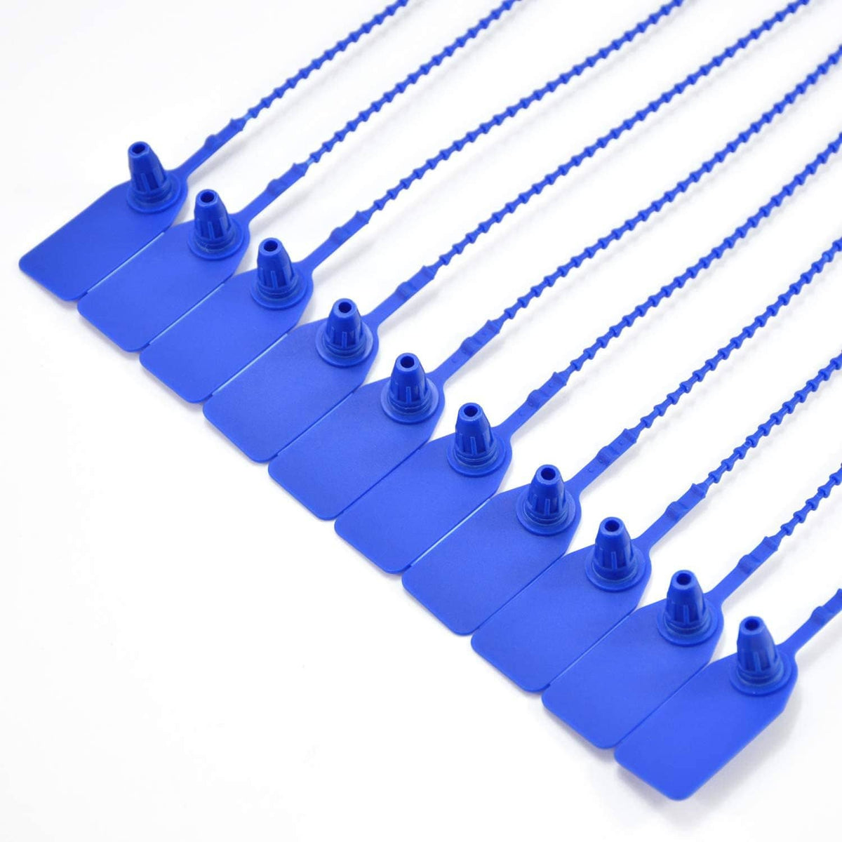 Pack of multiple blue plastic tamper seal zip ties with looped ends and insertion posts.