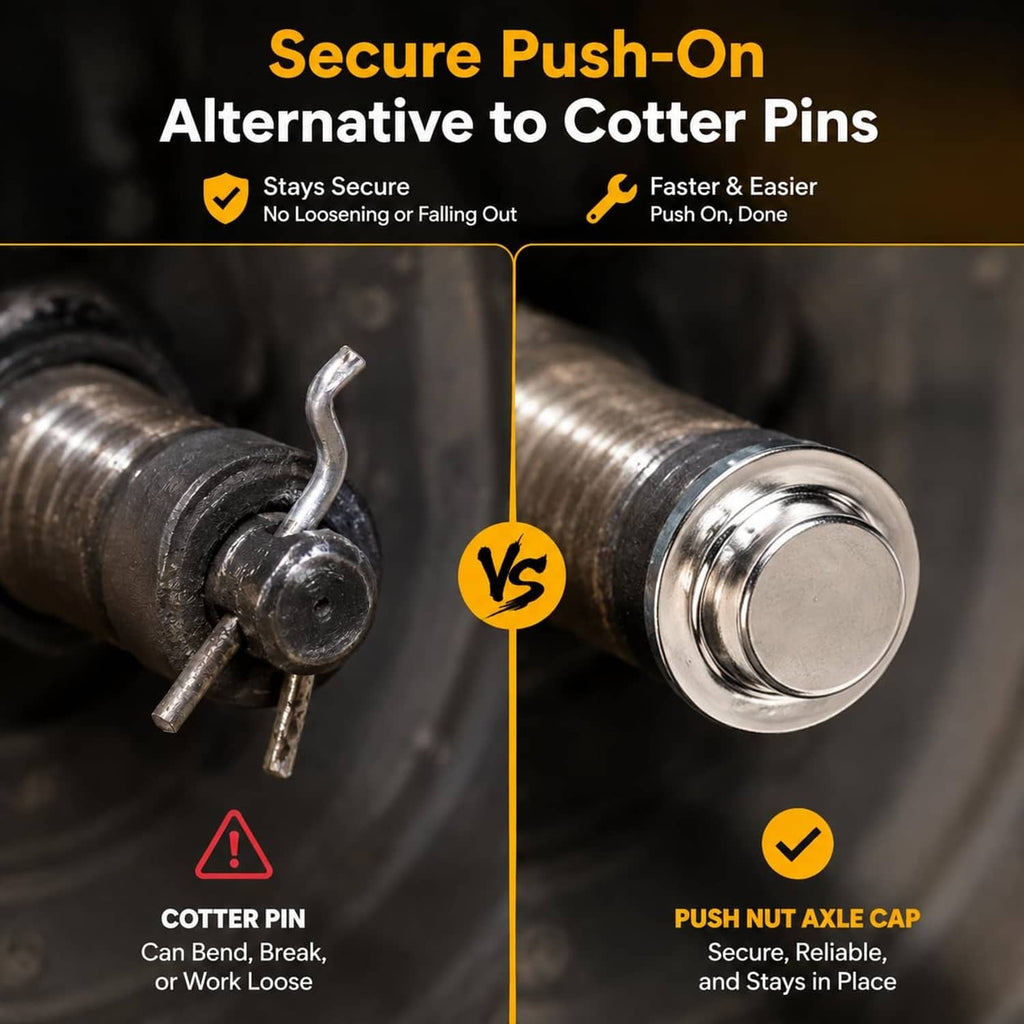 Silver pushnut axle cap installed on an axle end, top-hat style